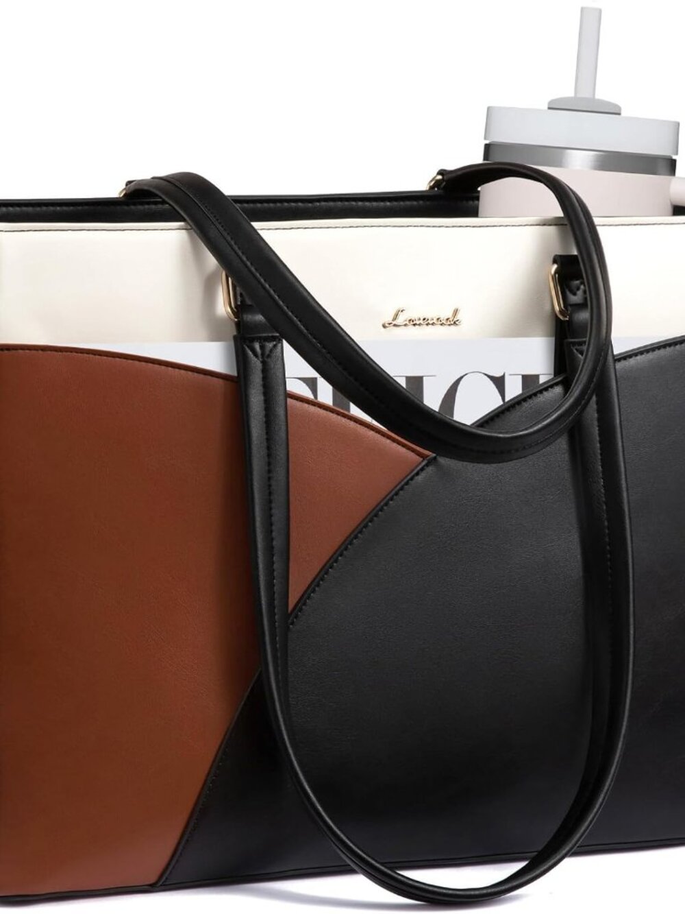 Laptop Bag for Women Laptop Tote Bag,15.6 Inch Black-White-Brown